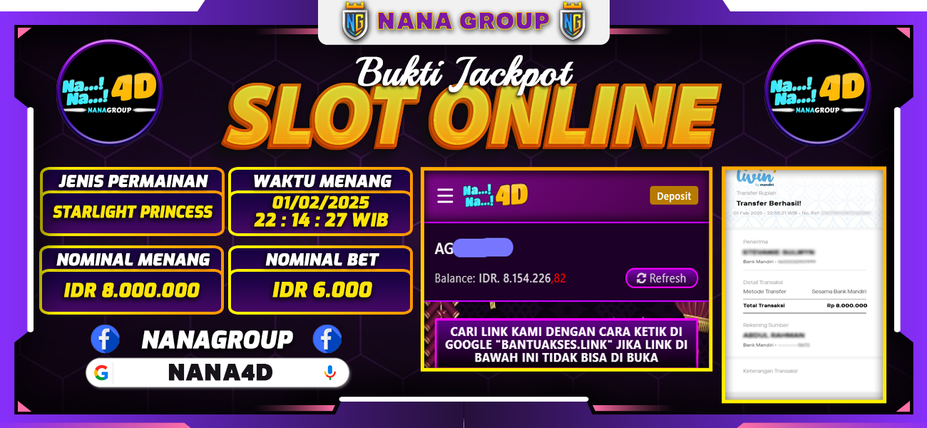 Bukti Kemenangan Besar Dibayar lunas Member NANA4D RP 8.000.000, 1 Februari 2025