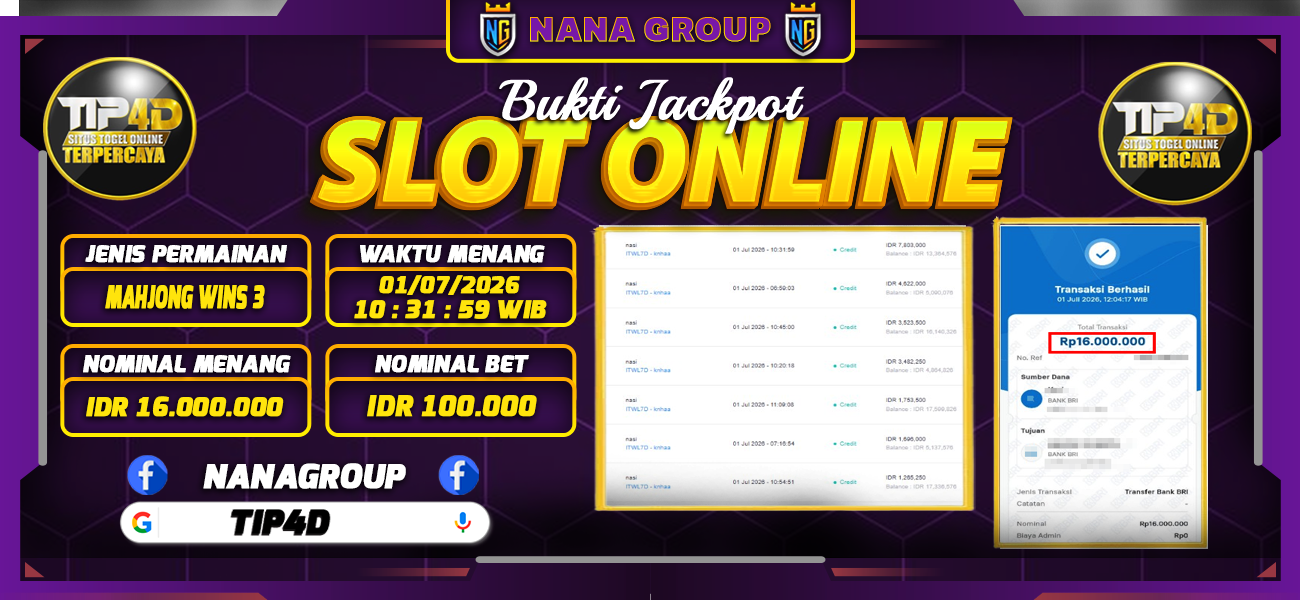 Bukti Kemenangan Besar Dibayar lunas Member TIP4D RP 16.000.000, 1 Juli 2026