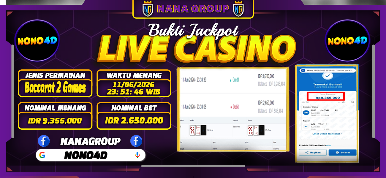 Bukti Kemenangan Besar Dibayar lunas Member NONO4D RP 9.355.500, 11 Juni 2026
