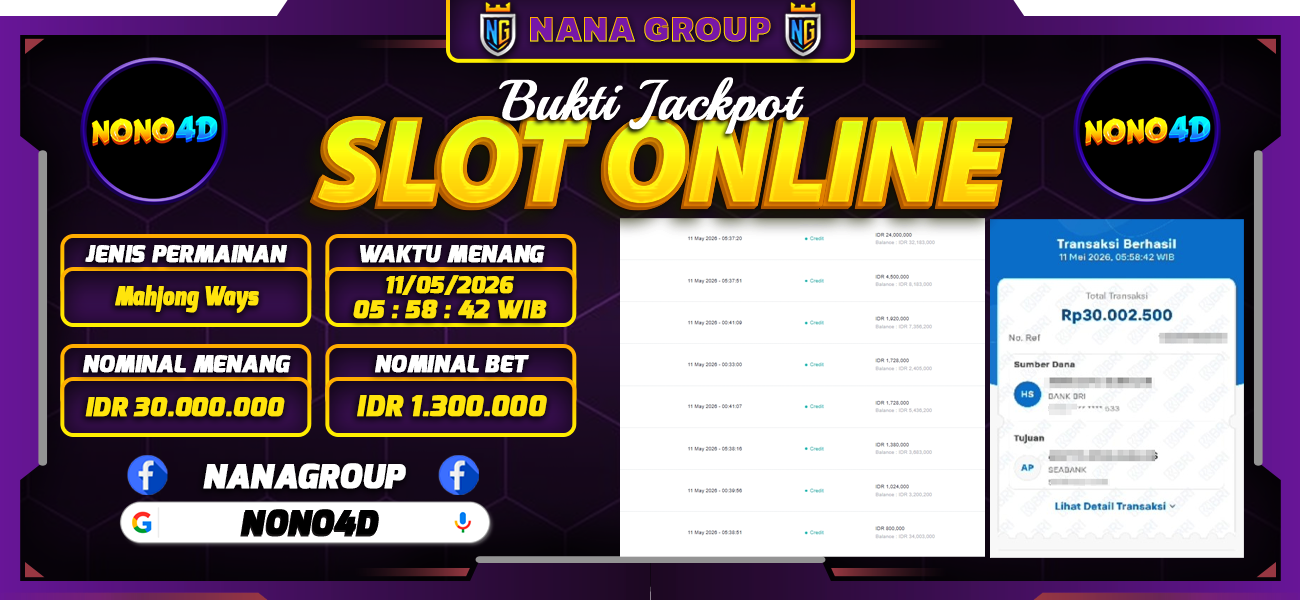 Bukti Kemenangan Besar Dibayar lunas Member NONO4D RP 30.000.000, 11 Mei 2026