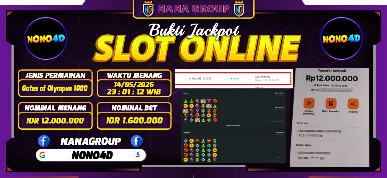 Bukti Kemenangan Besar Dibayar lunas Member NONO4D RP 12.000.000, 14 Mei 2026