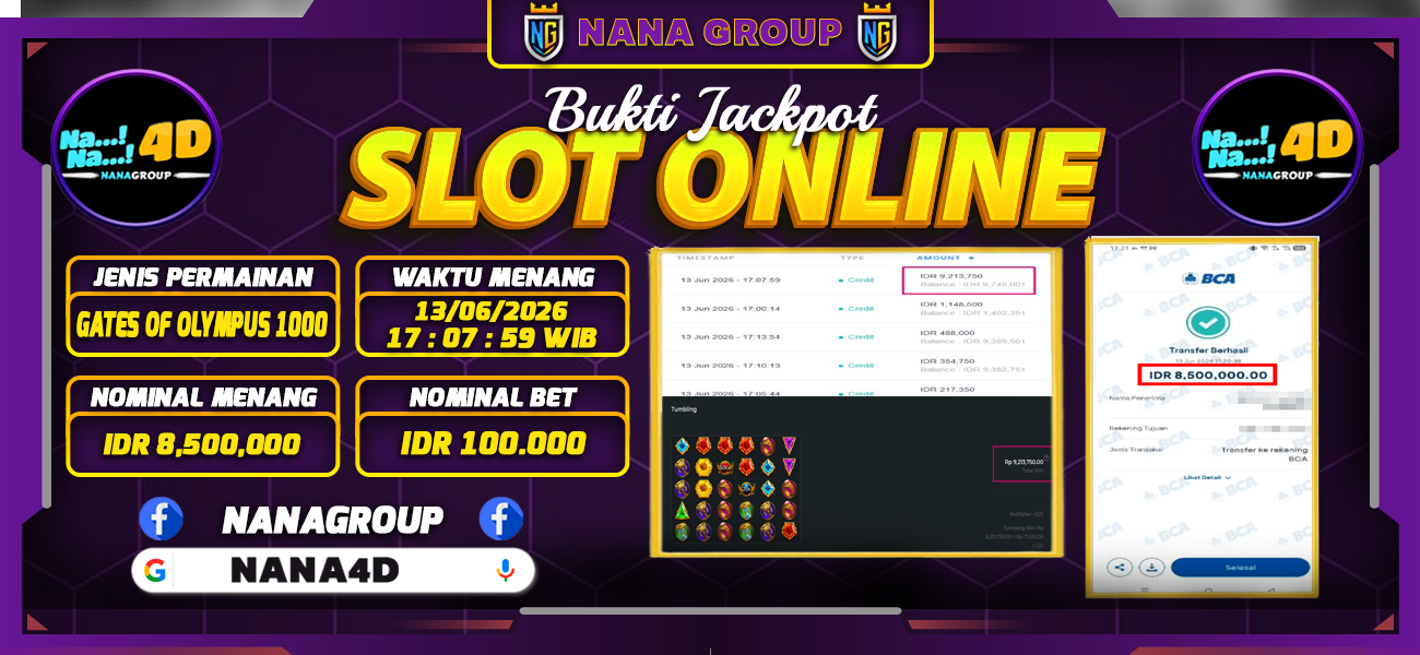 Bukti Kemenangan Besar Dibayar lunas Member NANA4D RP 8.500.000, 15 Juni 2026