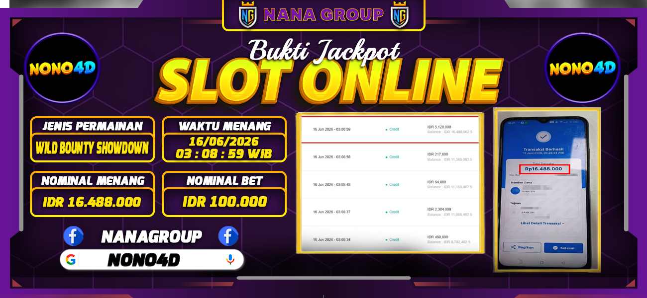 Bukti Kemenangan Besar Dibayar lunas Member NONO4D RP 16.488.000, 17 Juni 2026