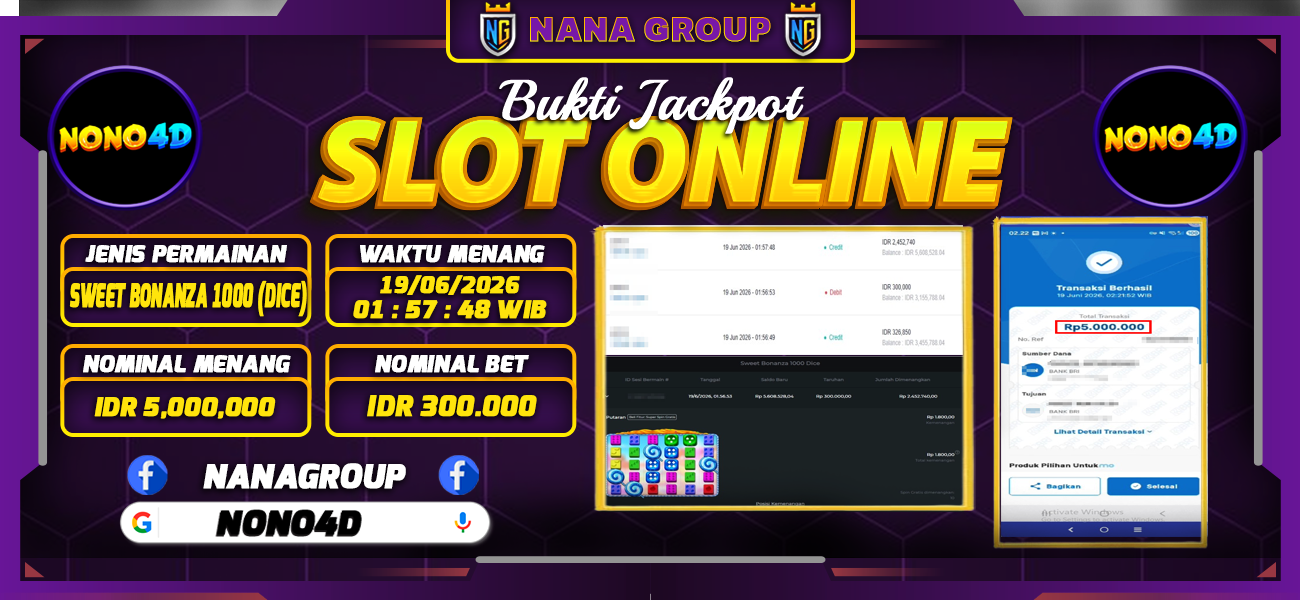 Bukti Kemenangan Besar Dibayar lunas Member NONO4D RP 5.000.000, 19 Juni 2026
