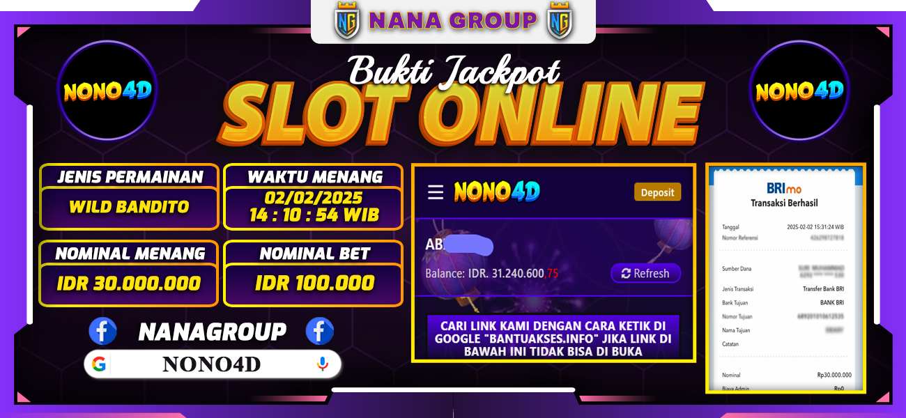 Bukti Kemenangan Besar Dibayar lunas Member NONO4D RP 30.000.000, 2 Februari 2025