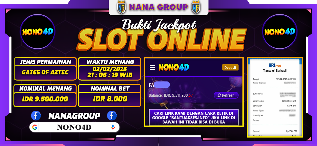 Bukti Kemenangan Besar Dibayar lunas Member NONO4D RP 9.500.000, 2 Februari 2025