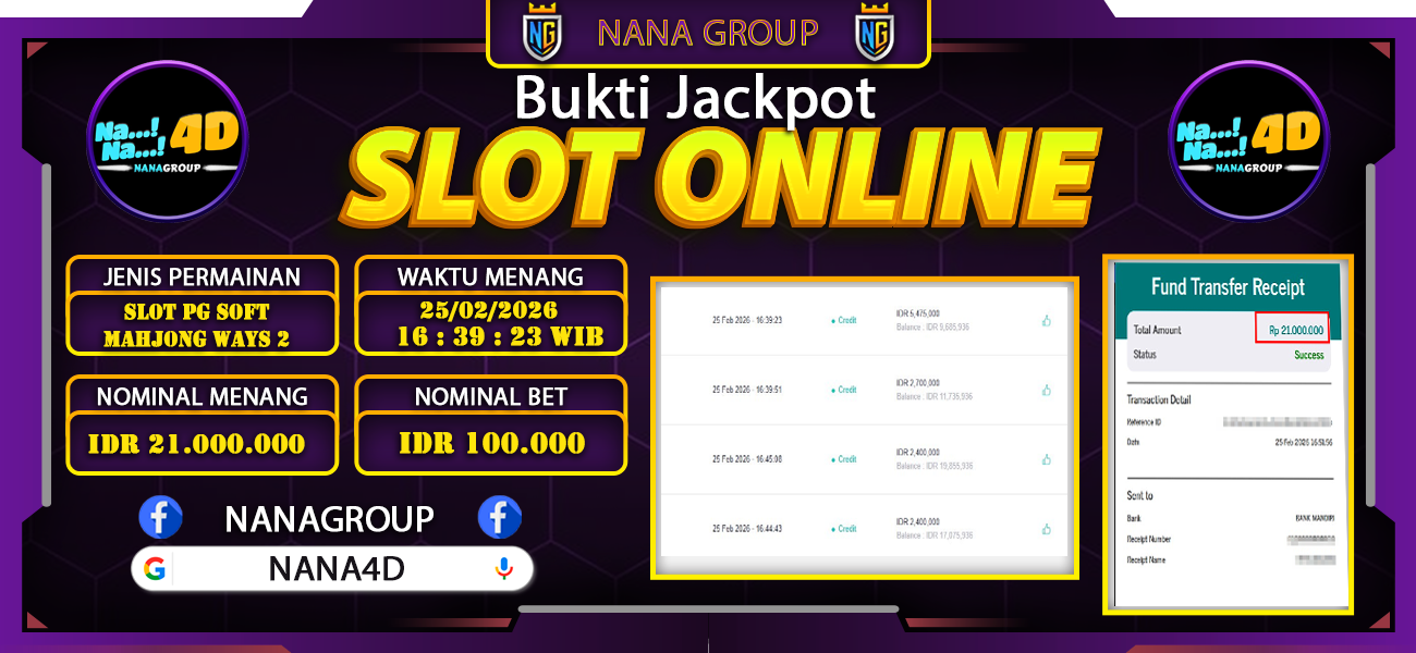 Bukti Kemenangan Besar Dibayar lunas Member NANA4D RP 21.000.000, 25 Februari 2026