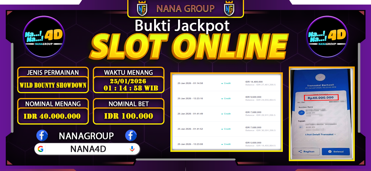 Bukti Kemenangan Besar Dibayar lunas Member NANA4D RP 40.000.000, 25 Januari 2026