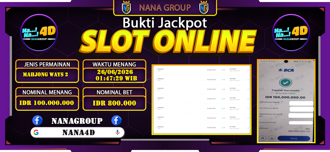 Bukti Kemenangan Besar Dibayar lunas Member NANA4D RP 100.000.000, 26 Juni 2026