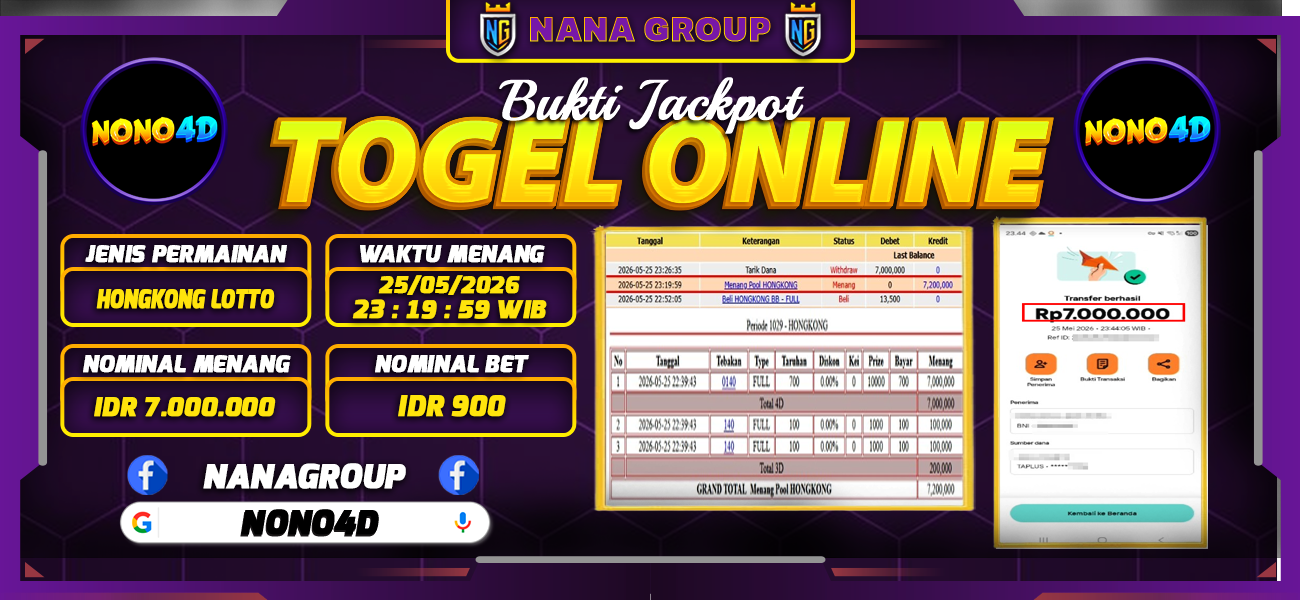 Bukti Kemenangan Besar Dibayar lunas Member NONO4D RP 7.000.000, 26 Mei 2026