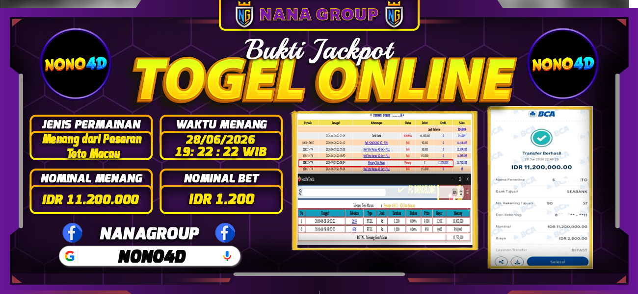 Bukti Kemenangan Besar Dibayar lunas Member NONO4D RP 11.200.000, 28 Juni 2026