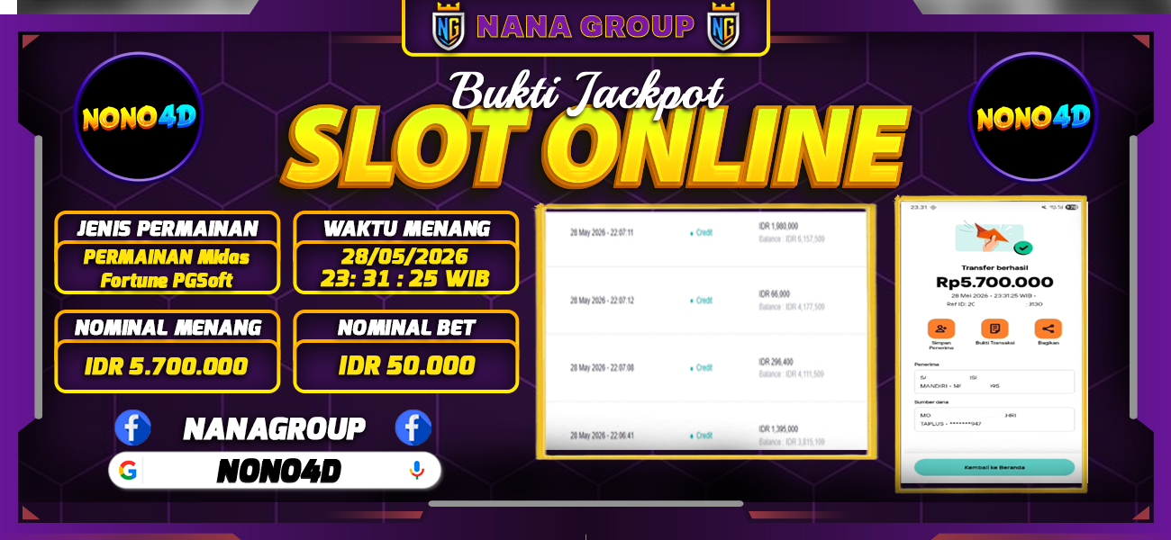 Bukti Kemenangan Besar Dibayar lunas Member NONO4D RP 5.700.000, 28 Mei 2026