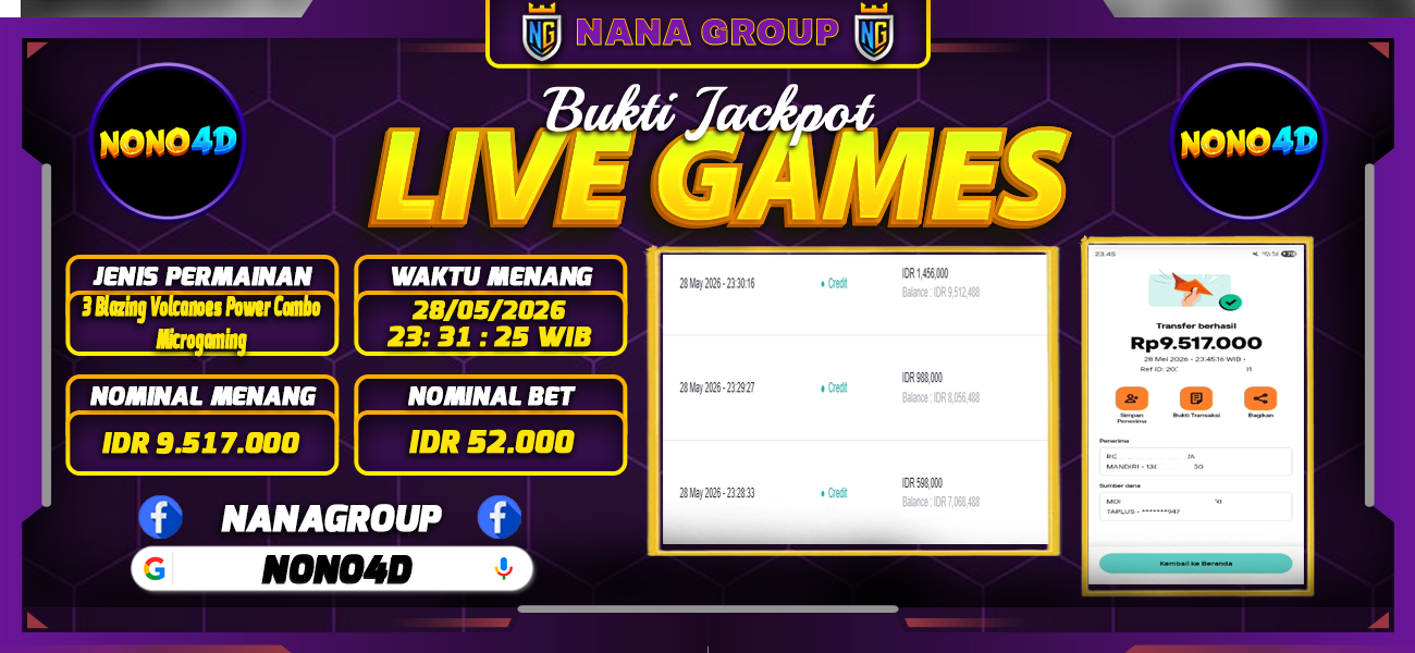 Bukti Kemenangan Besar Dibayar lunas Member NONO4D RP 9.517.000, 28 Mei 2026