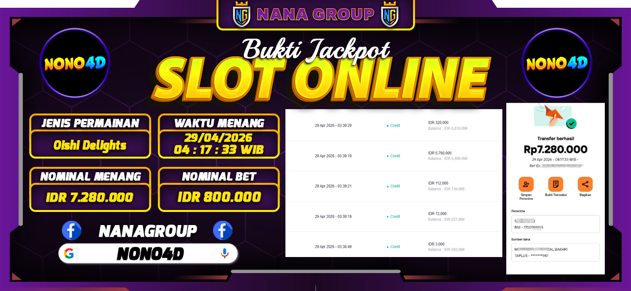 Bukti Kemenangan Besar Dibayar lunas Member NONO4D RP 7.280.000, 28 April 2026