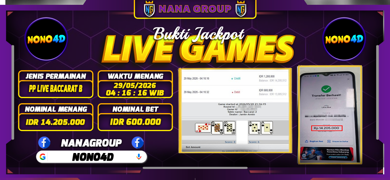 Bukti Kemenangan Besar Dibayar lunas Member NONO4D RP 14.205.000, 29 Mei 2026