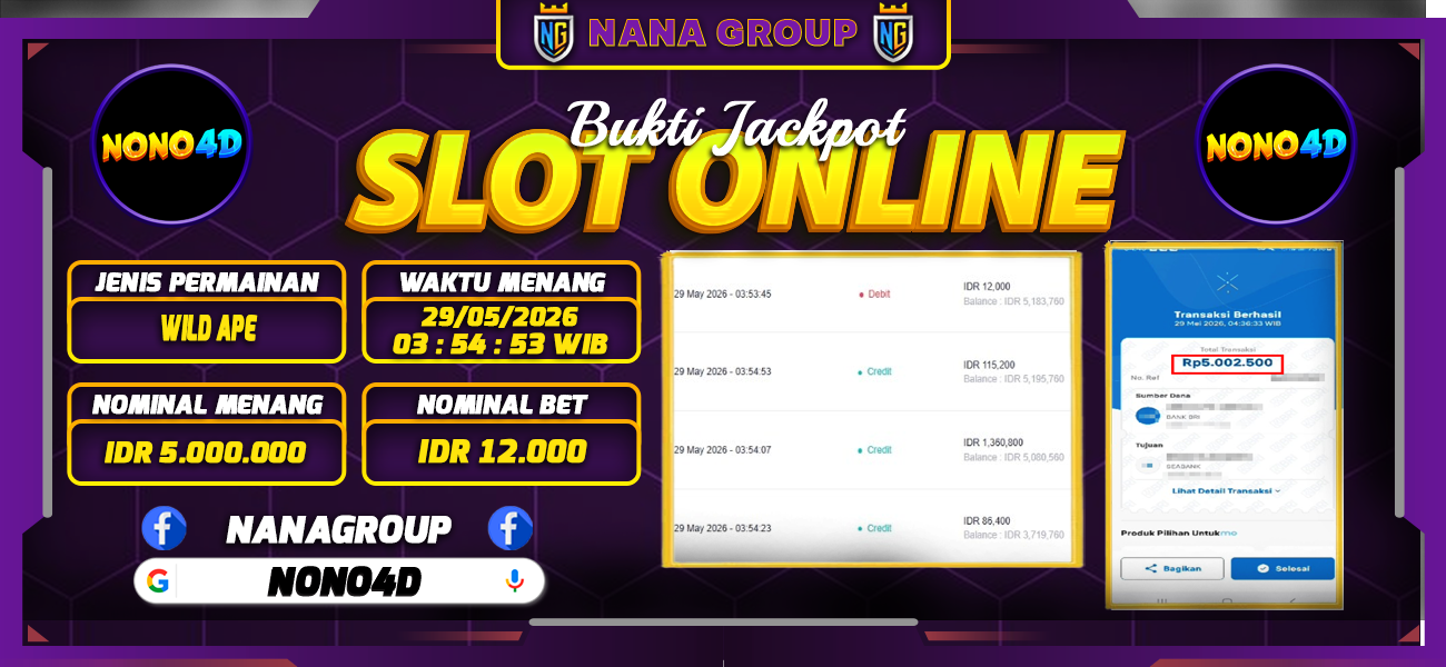 Bukti Kemenangan Besar Dibayar lunas Member NONO4D RP 5.000.000, 29 Mei 2026