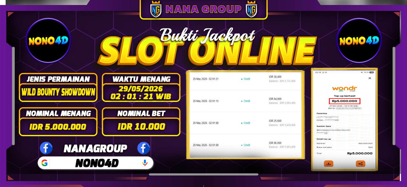 Bukti Kemenangan Besar Dibayar lunas Member NONO4D RP 5.000.000, 29 Mei 2026