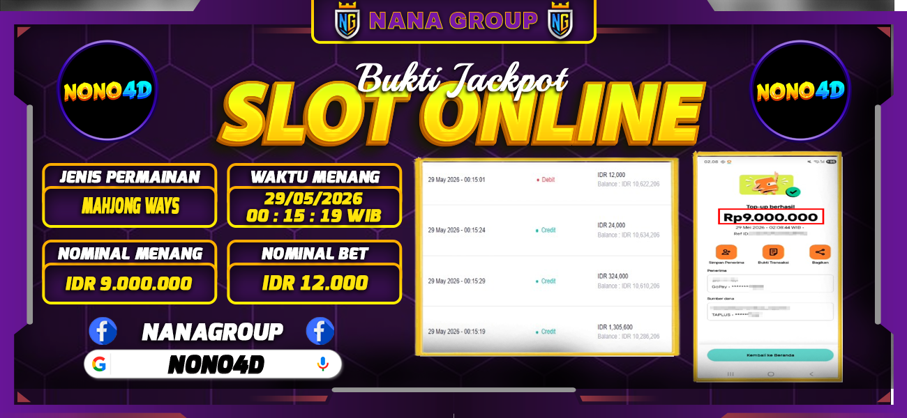 Bukti Kemenangan Besar Dibayar lunas Member NONO4D RP 9.000.000, 29 Mei 2026