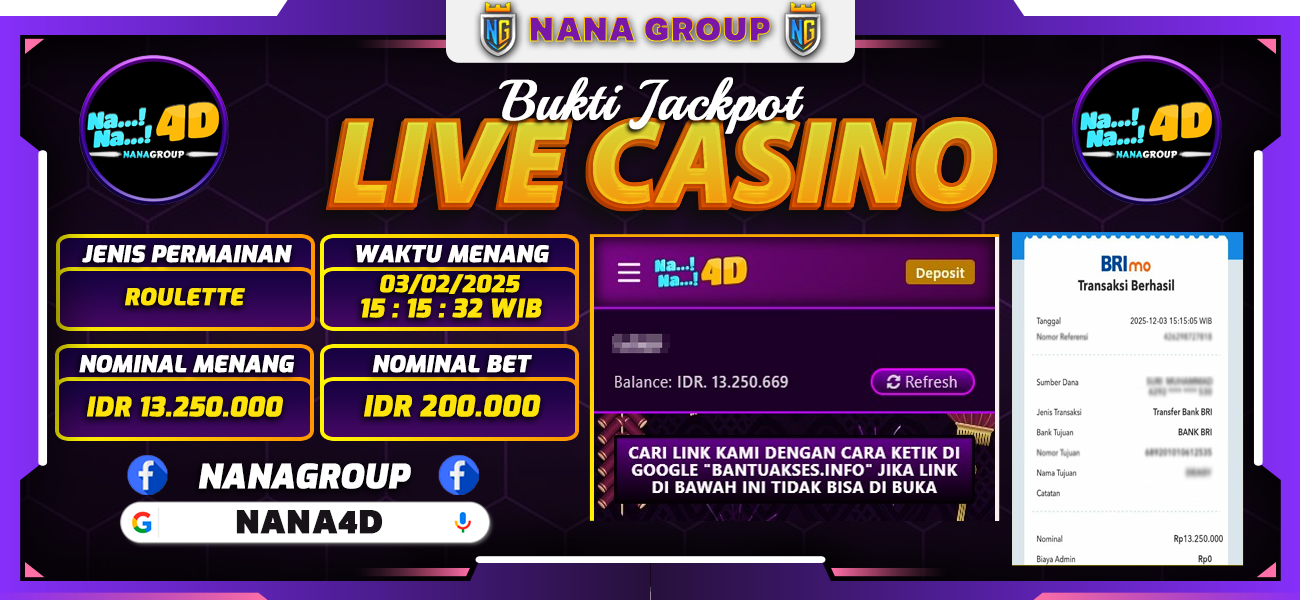 Bukti Kemenangan Besar Dibayar lunas Member NANA4D RP 13.250.000, 3 Februari 2025