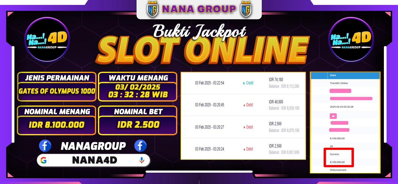 Bukti Kemenangan Besar Dibayar lunas Member NONO4D RP 8.100.000, 3 Februari 2025