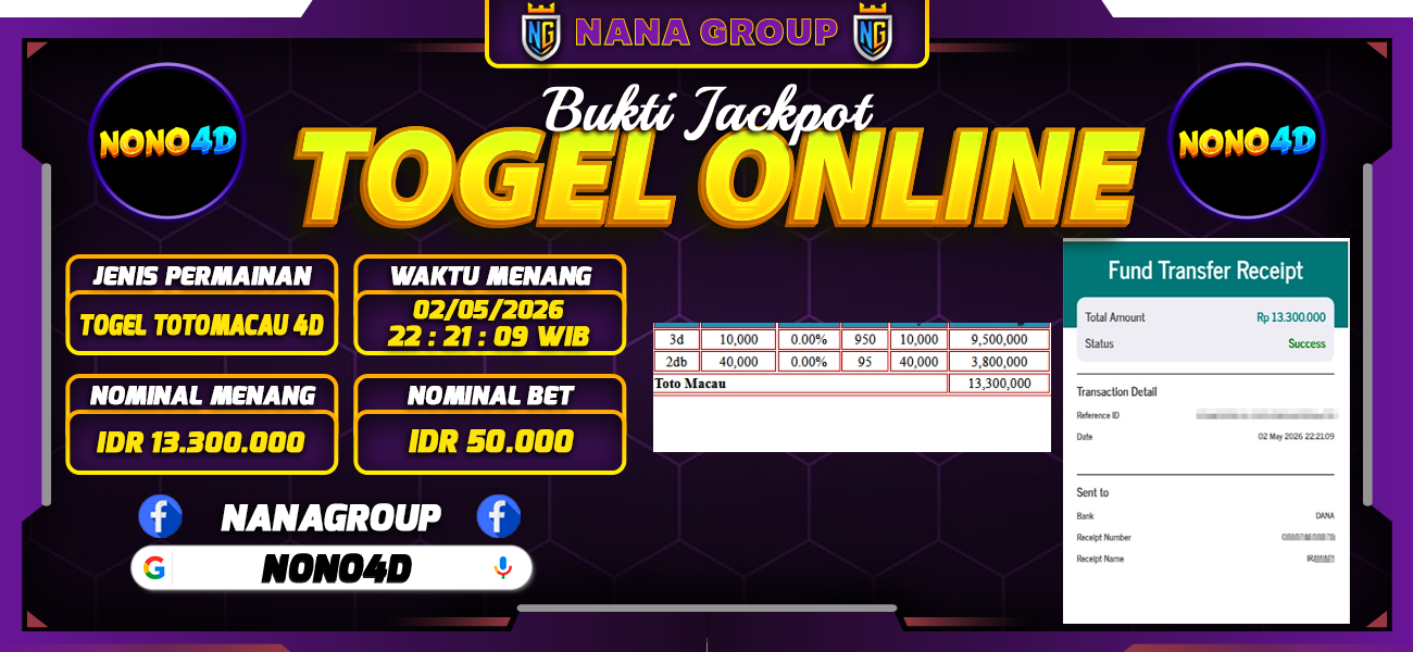 Bukti Kemenangan Besar Dibayar lunas Member NONO4D RP 13.300.000, 3 Mei 2026