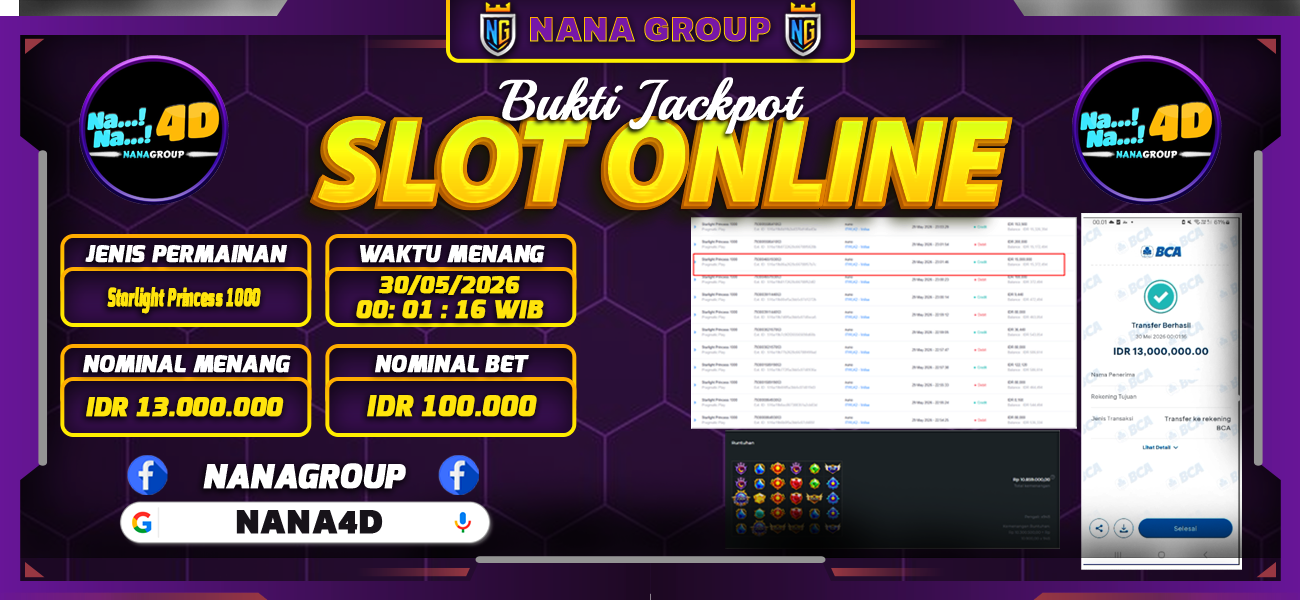 Bukti Kemenangan Besar Dibayar lunas Member NANA4D RP 13.000.000, 30 Mei 2026