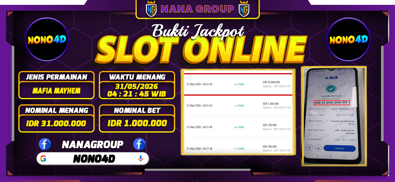 Bukti Kemenangan Besar Dibayar lunas Member NONO4D RP 31.000.000, 31 Mei 2026