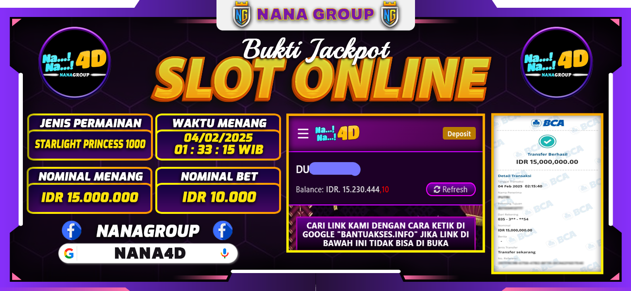 Bukti Kemenangan Besar Dibayar lunas Member NANA4D RP 15.000.000, 4 Februari 2025