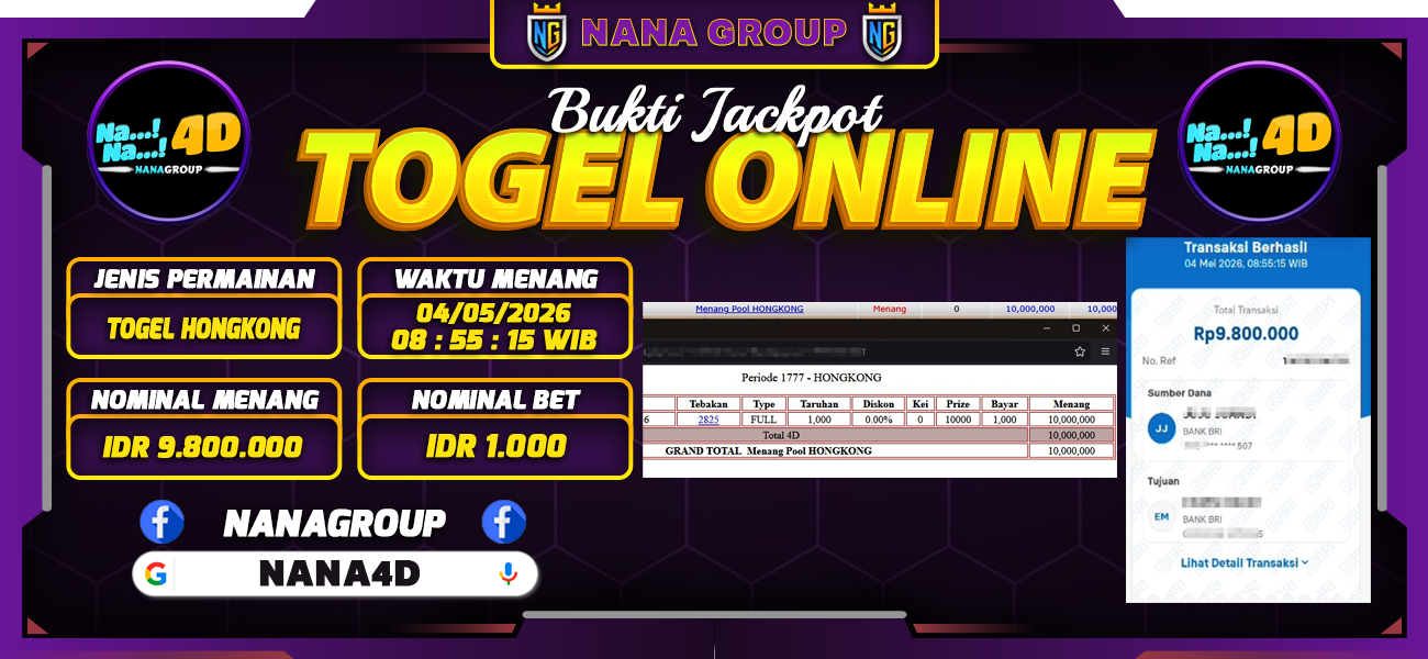 Bukti Kemenangan Besar Dibayar lunas Member NANA4D RP 9.800.000, 4 Mei 2026