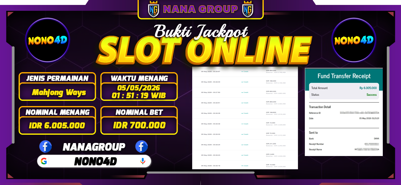 Bukti Kemenangan Besar Dibayar lunas Member NONO4D RP 6.005.000, 5 Mei 2026