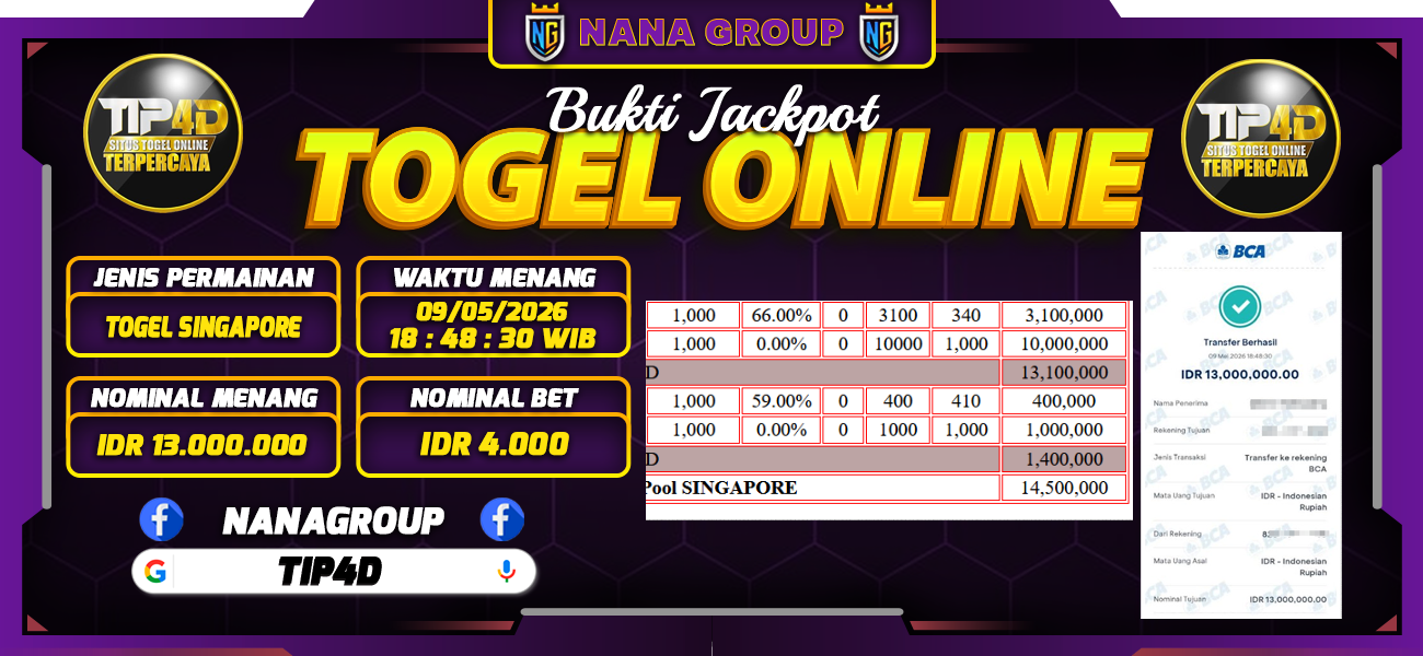 Bukti Kemenangan Besar Dibayar lunas Member TIP4D RP 13.000.000, 5 Mei 2026